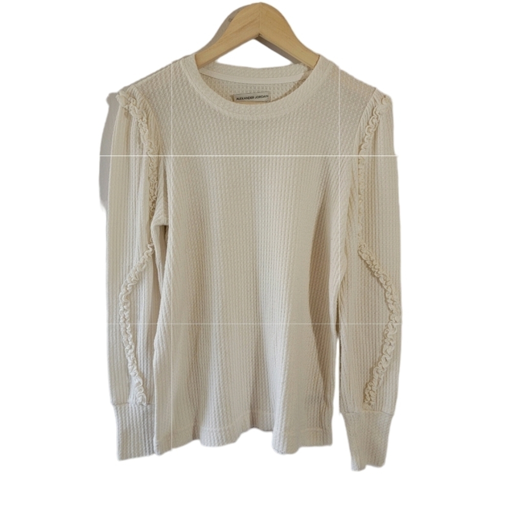 ALEXANDER JORDAN Ivory Waffle Knit Top Sz S Crewneck Ruffle Sleeve Cozy Neutral